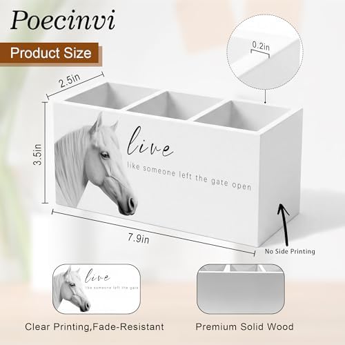 Inspirational White Horse Pen Holder for Home Office Desk, Horse Lover Gifts, Live Like Someone Left the Gate Open Motivational Wooden Box Sign Pencil Holder for Desk Shelf Organizer