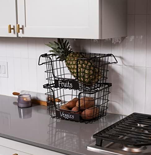 BIRDROCK HOME Stacking Wire Market Baskets with Chalk Label | Set of 2 | Fruit Vegetable Produce Metal Storage Bin for K