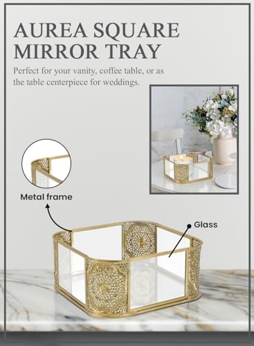 Serene Spaces Living 7" Aurea Mirror Tray, Gold Square Glass Tray - Elegant Decorative Centerpiece for Home, Parties, We