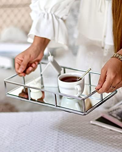 JollyCaper Silver Mirror Vanity Tray, Rectangle 12x8x2 Inches - Jewelry, Perfume, Makeup Organizer - Decorative Metal Tr