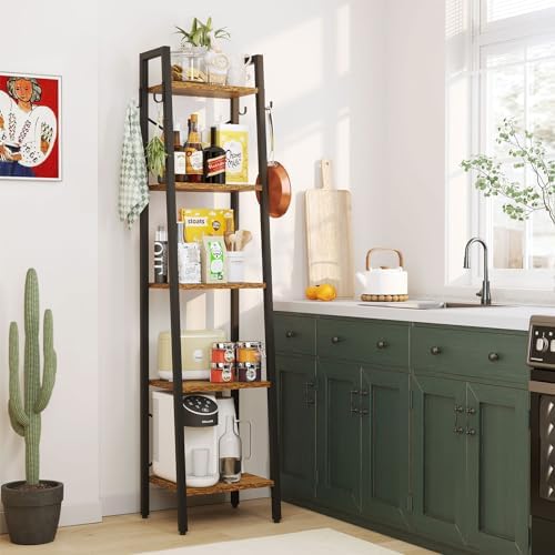 YMYNY 5 Tiers Ladder Bookcase, Industrial Narrow Bookshelf, Open Display Rack with 4 S Hooks, Metal Storage Shelves for