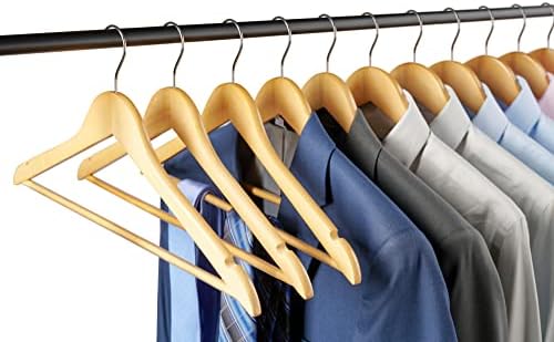 20 Pack Premium Wooden Suit Hangers - Smooth Natural Finish Heavy Duty Wood Coat Hangers - 360 Swivel Hook and Notches Clothes Hangers with Non Slip Pants Bar for Shirt, Jacket, Pant, Dress Hangers