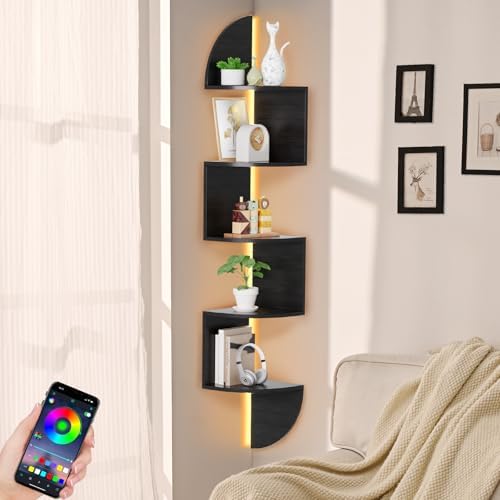 Waipfaru Corner Shelf, 5 Tier Bookshelf with LED Light, Corner Shelf Wall Mounted, Floating Shelves for Wall, Display St