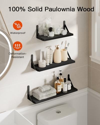 Amada Solid Paulownia Wood Wall Shelves, Medium Size, 6 Pcs, Black