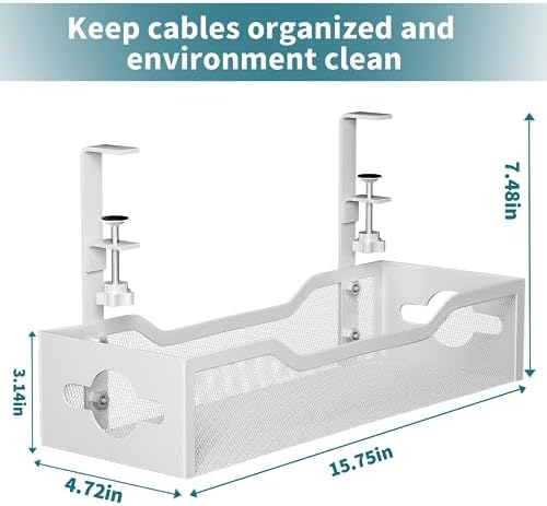 Under Desk Cable Management Tray White, Litwaro Cable Management Under Desk No Drill, Cable Organizer with Clamp for Wir