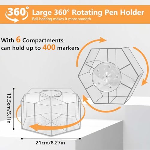 Pen Holder for Desk Acrylic, Large 6 Slots 360-Degree Rotating Marker Organizer Pencil Holder, Caddy Art Supply Organizer Crayon Organizers for Office School