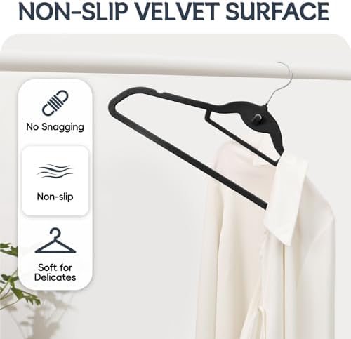 Velvet Stackable Hangers 50 Pack Space Saving Cascading Hook Black