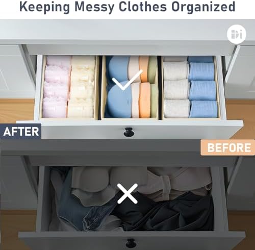 DIMJ Drawer Organizer Clothes - Underwear Organizer Small Sock Organizer Closet Organizers and Storage Box Dresser Drawer Dividers for Baby Clothes,Bra,Socks, Belt, Tie, Set of 6,Beige