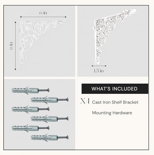 NACH Metal Shelf Brackets, Small Shelf Brackets for Wood Shelves Set of 4, Antique White Cast Iron Wall Shelf Support, V