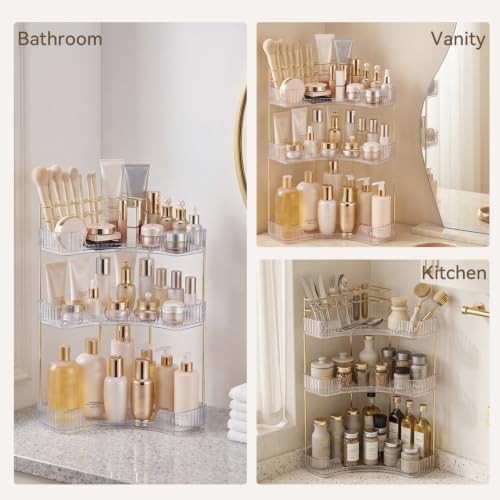 3-Tier Corner Bathroom Counter Organizer with Makeup Brush Holder, Clear