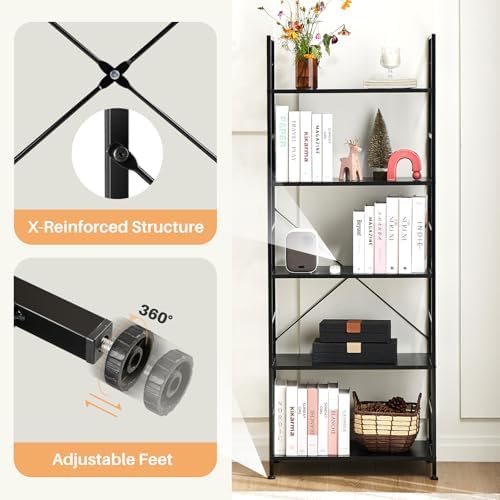 Book Shelf, 5-Tier Tall Bookcase, Bookshelf with Steel Frame, Modern Industrial Display Shelves, Corner Storage Organize