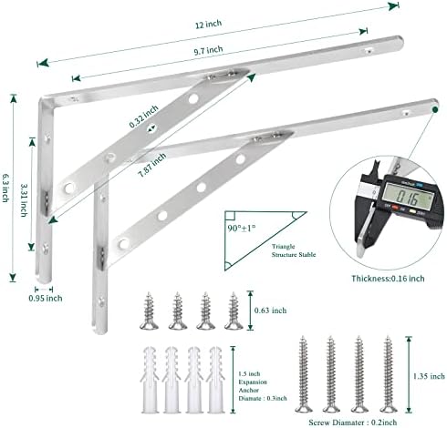 2 Pack Heavy Duty Shelf Brackets 12 Inch, Solid Stainless Steel Angle Bracket, Max Load 440lbs - Silver