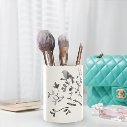 Mango Steam Metal Pen Holder, Makeup Brush Cup Organizer for Office, Bathroom, Vanity (White, Bird)
