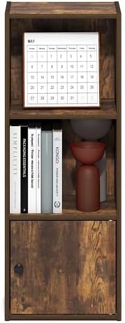 Furinno LUDER Book Shelf, 3-Tier Bookshelf with Open Shelf, Standing Bookcase with 1 Door Cabinet, 9.3 x 12 x 31.5, for