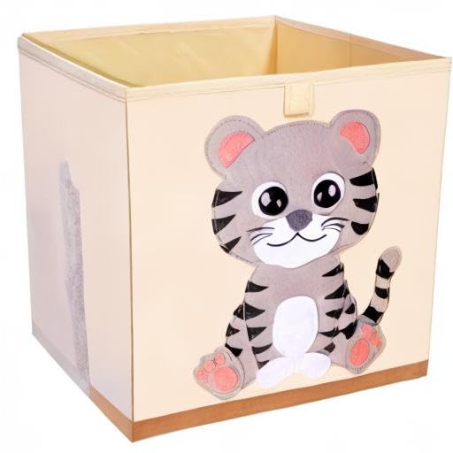 Washable Toy Organizers and Storage, Canvas Toy Chest Organizer Foldable Kids Toy Storage Organizers for Child's Bedroom or Playroom -13x13x13 Inch (Tiger Cub)