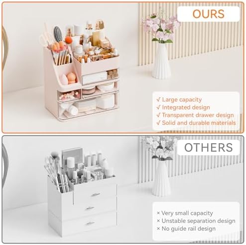 Yieach Pink Makeup Organizer Countertop With 4 Drawers,Large Cosmetics Storage Organizer for Brush,Hair Products,Plastic