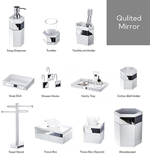 Creative Scents Quilted Mirror Q-Tip Holder, Decorative Bathroom Vanity Cotton Swab Holder Canister Jar with Lid for Cot