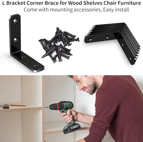 YUMORE 65mm L Corner Brace, Heavy Duty 90° Bracket, Black, 6 Pcs