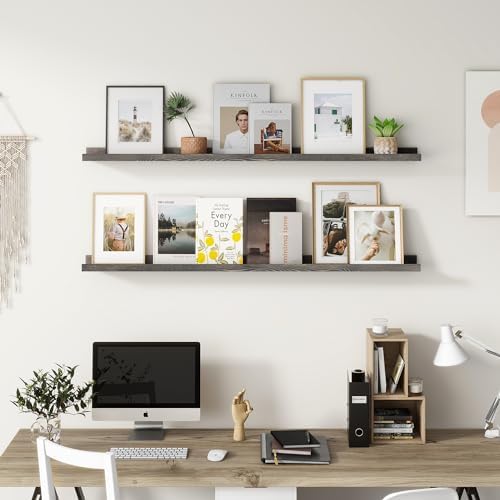 FLYJOE Picture Ledge Shelf, Floating Shelves Set of 2, Solid Pine Wood 55'' Long Large Nursery Book Shelves for Toys Storage, Kids Bookshelf for Living Room Bedroom Decor Books Photo Frames, Grey