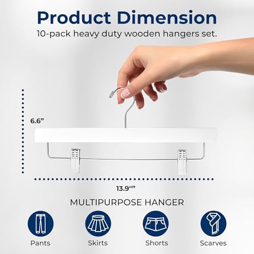 SereneLife Premium Wooden Pants Hangers 10 Pack, Solid 14" Wood Skirt Hangers with 2-Adjustable Clips, Heavy Duty & Anti Slip Wood Bottom Hanger for Slacks, Jeans, Trousers, Shorts (White)