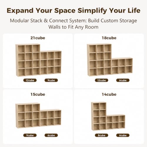 12 Cube Storage Organizer with Back Panel, Cube Bookshelf, Natural
