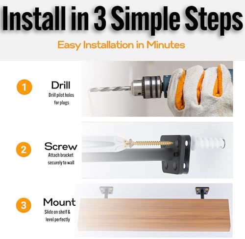 EVALD LevelMate™ Uni-Mount 8 Inch Floating Shelf Brackets, Hidden Shelf Brackets with Anti-Sag Pinol Screw System, Float