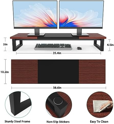 YAOHUOO Dual Monitor Stand Riser, 39Inch Large Monitor Stands for 2 Monitors, Computer Monitor Stand, Wooden Desktop Ora