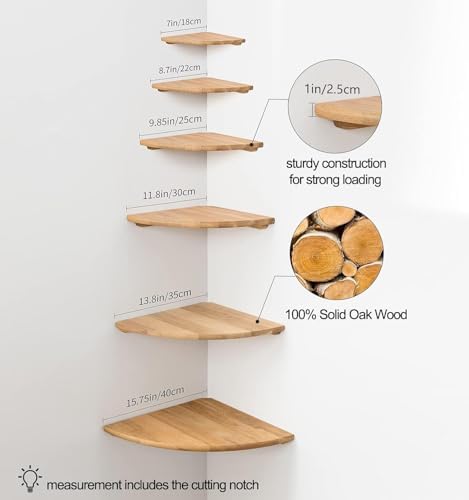 Corner Shelf, 12inch Solid Oak Wood Floating Corner Shelves Wall Mount Round End Floating Speaker Shelf with Wire Hole f