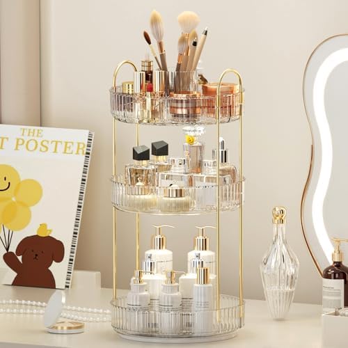 360° Rotating Makeup Organizer, Upgraded 3 Tier Skincare Perfume Organizers for Women, Bathroom Organizer Countertop, Cl