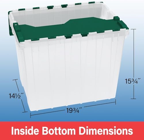 Akro-Mils KeepBox 18 Gal Storage Box, Lid Attached, Stackable, Clear/Green