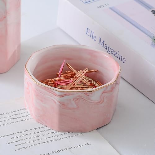 Desk Organizer Set of 2 For Office, Pen Holder and Paper Clip Holder, Ceramic Cute Pencil Cup for Desk, Paper Clip Dispenser for Desktop, Makeup Brush Holder Ideal Gifts for Women, Mom (Pink)