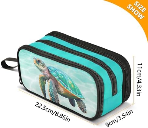 Sea Turtle Teal Pencil Case Box Boys Girls Large Pencil Pouch with Zipper Compartments Big Capacity Stationery Pen Bag Organizer for Kids Teens Adults School Office