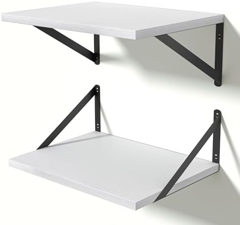 Heimlove 12 Inch Deep White Floating Shelves,Wooden Floating Shelves for Wall 16" W x 12" D Set of 2,Wall Mounted Shelves for Living Room, Bedroom, Kitchen, Bathroom and Decor Storage,Black Bracket