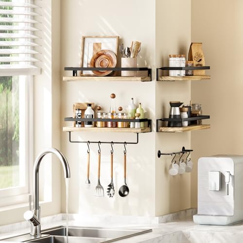 Amada Bathroom Shelves with Towel Bar, Set of 2, Light Brown