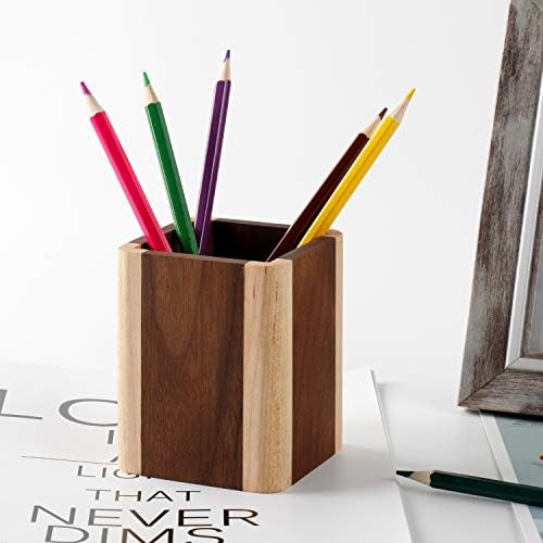 Natural Wood Desk Pen Holder Pencil Organizer Desktop Office Pencils Stand Holder Simple(Maple side walnut center)