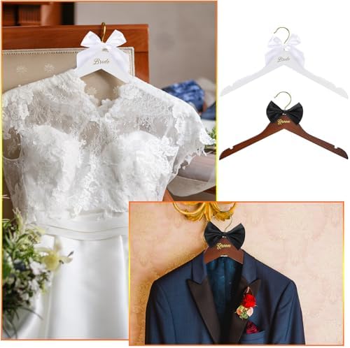 Beeveer 3 Pcs Groom and Bride Wooden Hanger with Clips, Bow, Brown, White
