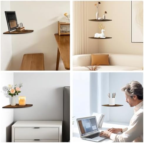 JJL Corner Shelves, 12 Inch Deep Corner Shelf Wall Mounted with Wire Hole, 2 Tier Sector with Hole - Corner Hanging Shel