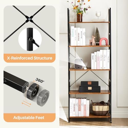 Book Shelf, 5-Tier Tall Bookcase, Bookshelf with Steel Frame, Modern Industrial Display Shelves, Corner Storage Organize