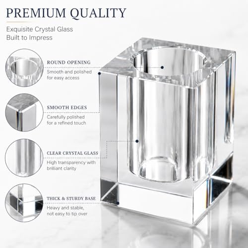 Coideal Glass Crystal Pen Pencil Cup Holder, Square Clear Small Desk Table Organizer Gift for Office School, Teacher and Student