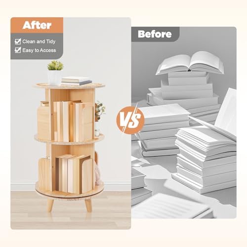 2 Tier Rotating Bookshelf with Legs, Small Corner Bookshelf Floor Standing Wooden Narrow Bookcase Organizer,Revolving Bo