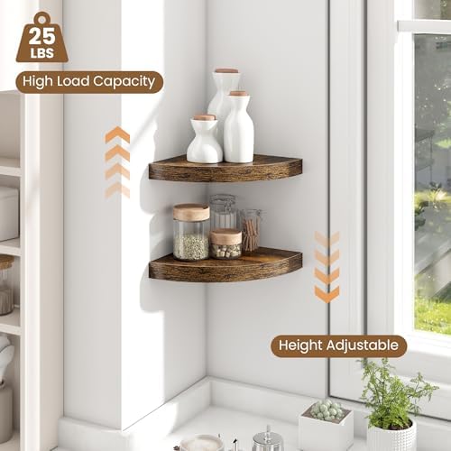 Fun Memories Floating Corner Shelves Set of 2 - Rustic Wood Wall Mounted Storage and Display Shelves for Living Room, Be