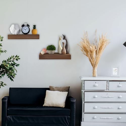 Wall-Mounted Floating Shelves - Set of 2, Solid Wood Teak Brown, 16.5” W x 6” D x 2.5” H - Rustic Decorative Storage for