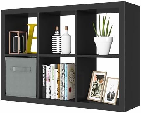 furtble Bookshelf with Storage Bins, 6 Cube Storage Organizer, Modern Wood Bookcase, Multifunctional Display Shelf for L