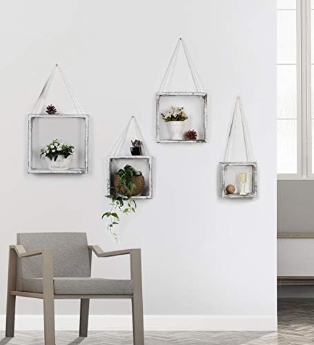 J JACKCUBE DESIGN Floating Hanging Square Shelves Wall Mounted Rustic Wood Cube Display Shelf Shadow Boxes Decorative Boho Home Décor for Living Room, Bedroom, Office, Set of 4 (White) - MK571C