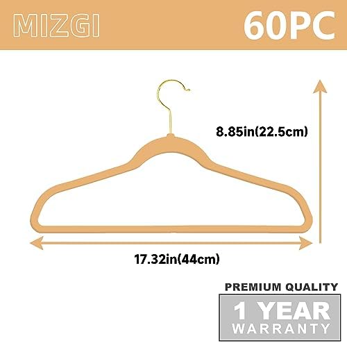 MIZGI Camel Velvet Hangers, 60 Pack - Premium Gold, Non-Slip Coat & Suit Hangers, Space Saving