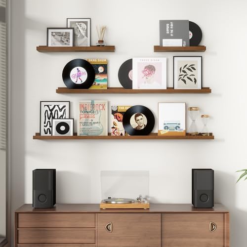 FLYJOE Picture Ledge Wall Shelves - Set of 3, 56 inches Width, Solid Pine Wood Rustic Floating Ledge Shelves for Kids' Room, Bedroom, Kitchen, Bathroom, Walnut