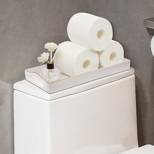 Gifturbo White Bathroom Vanity Tray,Gold Edged Decorative Tray with Handles, Small Rectangular Counter Tray for Perfume,