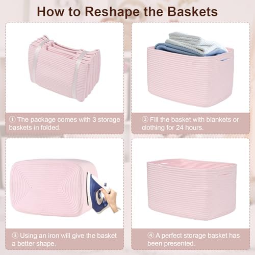 Baskets for Organizing,Storage Baskets,3 Pack Baskets for Shelfves,15"×10"×9" Woven Pink Basket,toy storage bins,bins for organization