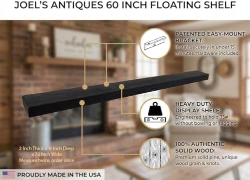 Joel’s Antiques 72 Inch Long Wooden Floating Shelves for Wall - 72x6x2 in - Made of Natural Wood - Heavy Duty Rustic Wal
