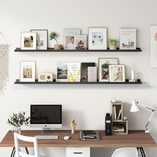 FLYJOE Picture Ledge Shelf, Floating Shelves Set of 2, Solid Pine Wood 72'' Long Large Nursery Book Shelves for Toys Storage, Kids Bookshelf for Living Room Bedroom Decor Books Photo Frames, Black